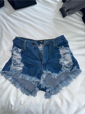 Fashion Nova Distressed Dark Blue Denim Shorts